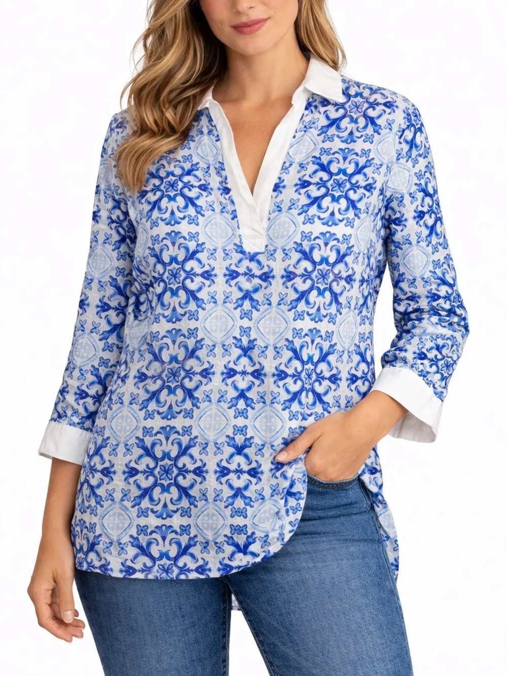 Isaac Mizrahi Blue White Printed 100% Linen Coastal Tunic Blouse Womens Sz Small